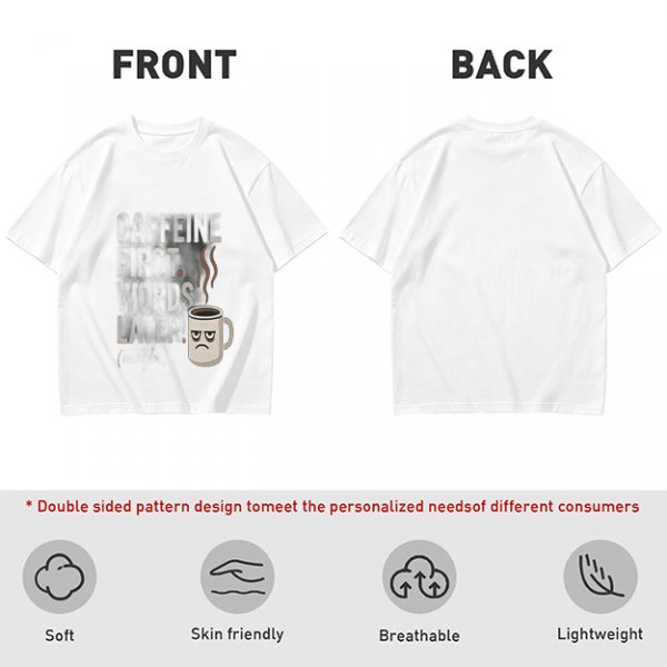 Olive t-shirt with 'Caffeine First Words Later' grumpy coffee mug print