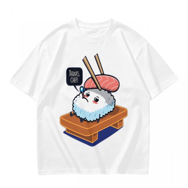 Olive T-Shirt With Sad Sushi Character Saying Thanks Chef Print