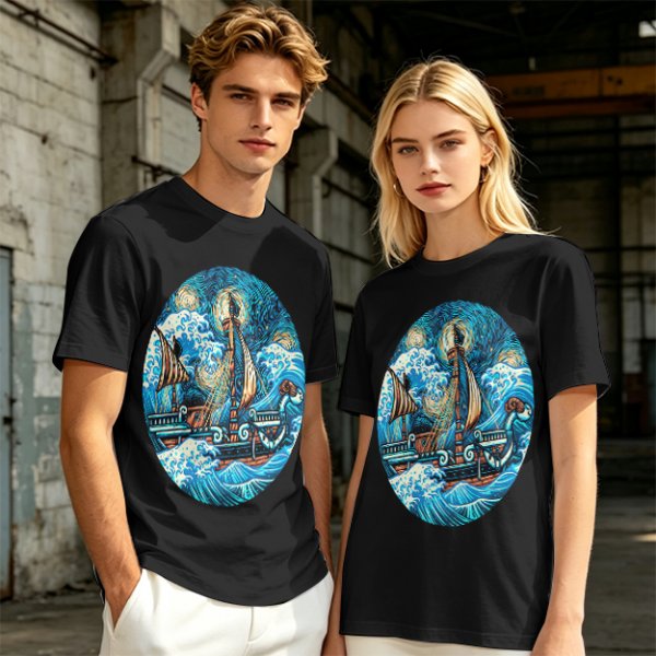 Olive T-Shirt With Starry Night Style Sailing Ship Ocean Art