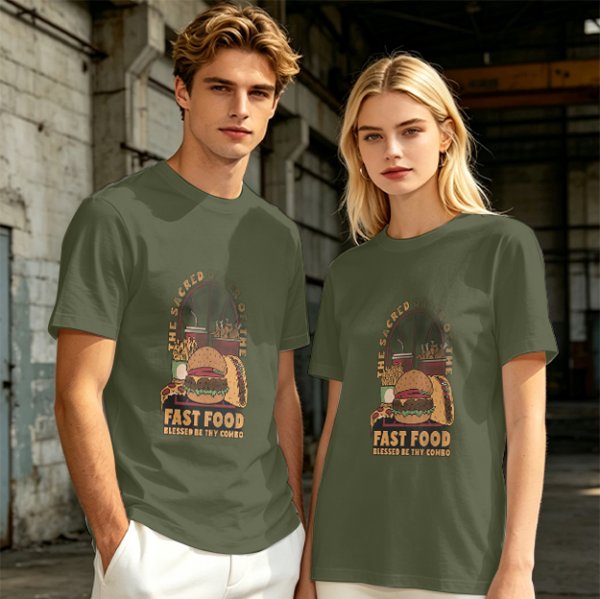 Olive T-Shirt With Sacred Fast Food Combo Graphic Print