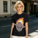 Olive green t-shirt with cute cartoon flaming asteroid graphic