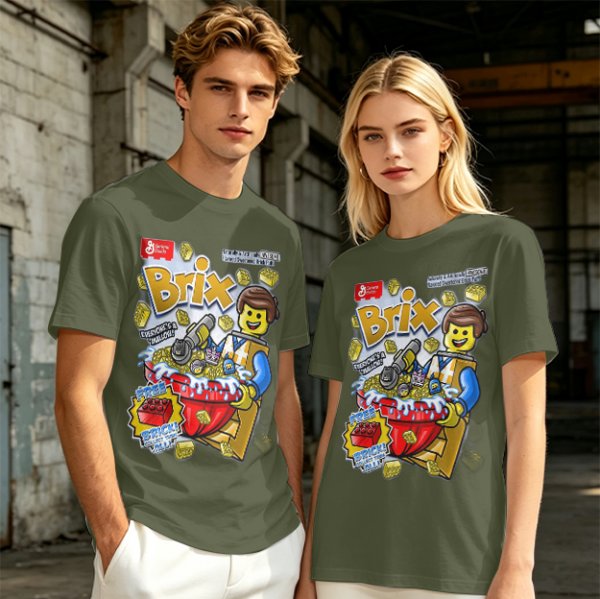Olive t-shirt with Lego-style Brix cereal graphic print