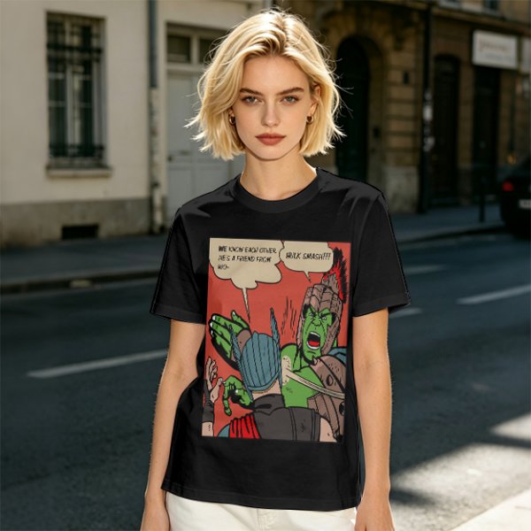 Olive t-shirt with comic print of Hulk and Thor mid-smashed interaction