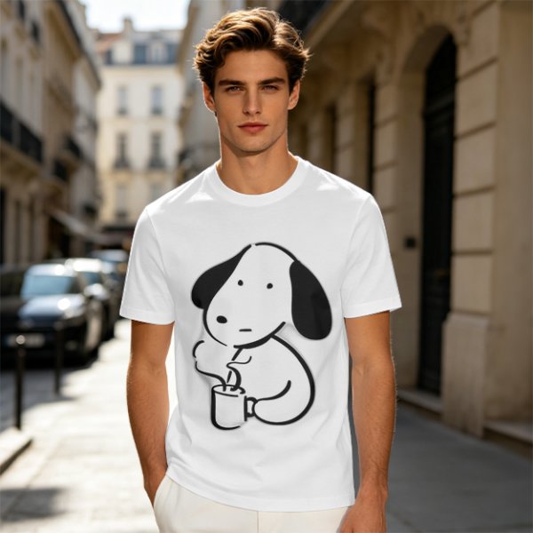 Olive Green T-Shirt With Cartoon Dog Holding Hot Drink Graphic