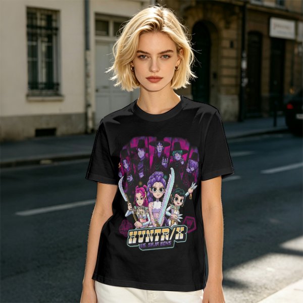 Olive Graphic Tee with Anime Hunter Characters and Huntr/X Text
