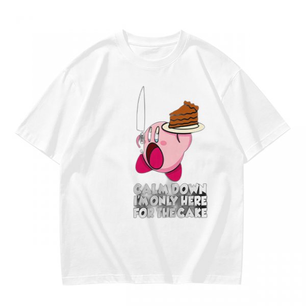 Olive t-shirt with Kirby holding knife and cake, text Calm Down I'm Only Here For The Cake
