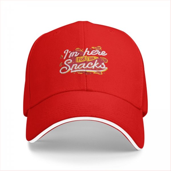 Black baseball cap with I'm here for the snacks graphic print