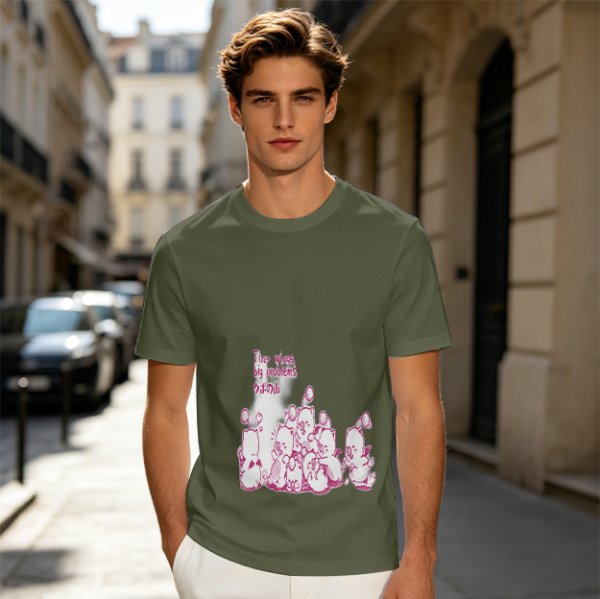 Olive Green T-Shirt With Pink Whimsical Graphic Print