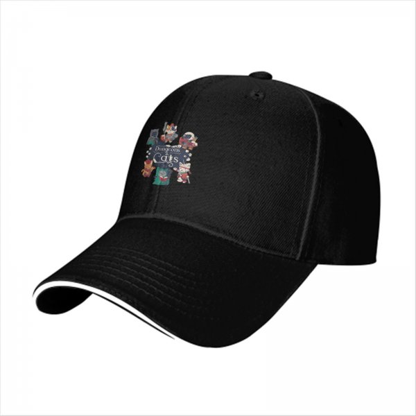Black baseball cap with Dungeons & Cats fantasy cat characters print
