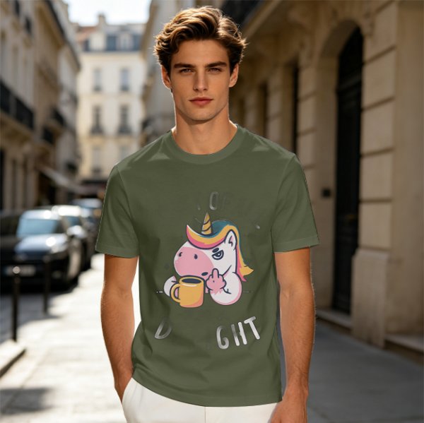 Oversized Olive T-Shirt With Sassy Unicorn Holding Coffee Print