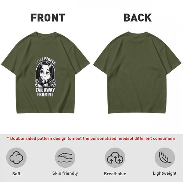 Olive t-shirt with Wednesday Addams 'I Like People Far Away From Me' print