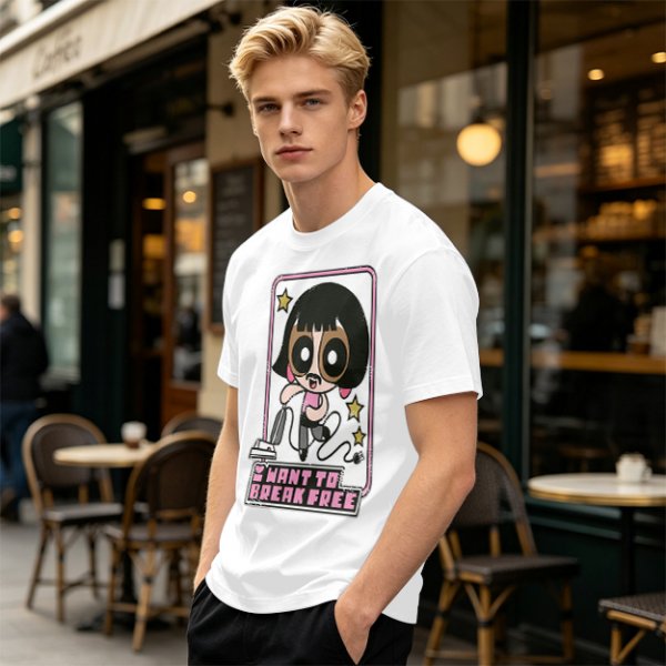 Olive green graphic t-shirt with Powerpuff-style character and 'I Want To Break Free' text