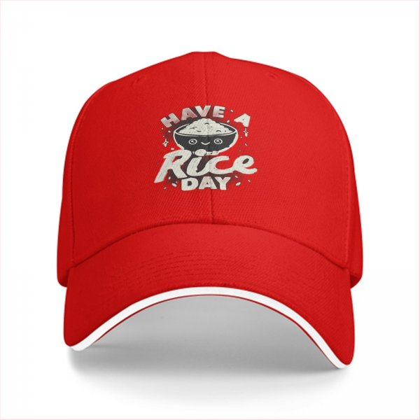 Black baseball cap with 'Have A Rice Day' kawaii rice bowl graphic