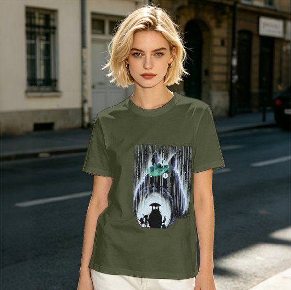Olive T-shirt with My Neighbor Totoro Rain Scene Print