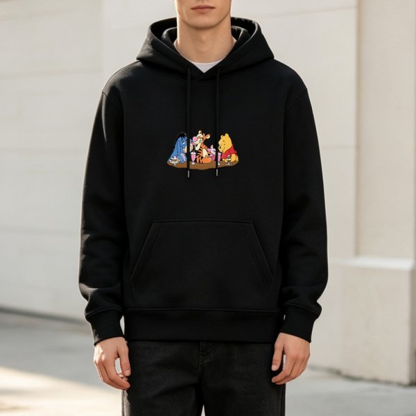 Black hoodie with Winnie the Pooh and friends tea party print