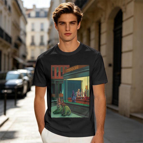 Olive T-Shirt With Surreal Bar Scene Graphic Print