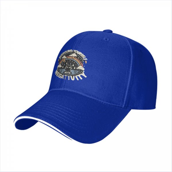 Black baseball cap with 'Surround Yourself With Negativity' graphic print