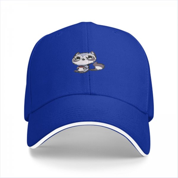 Black baseball cap with cute raccoon holding a coffee cup graphic