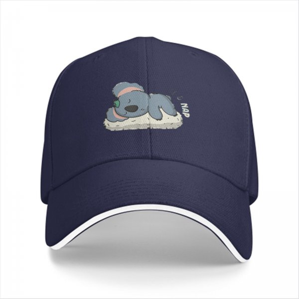 Black baseball cap with sleeping koala and 'nap' graphic