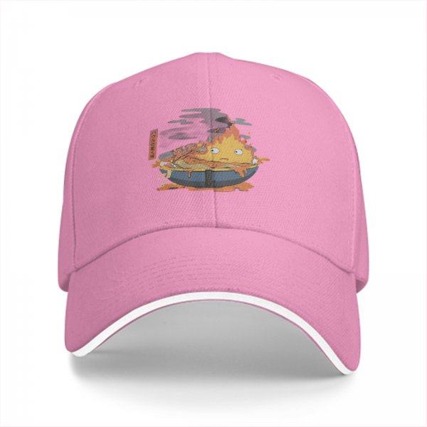 Black baseball cap with anime fire demon ramen bowl graphic