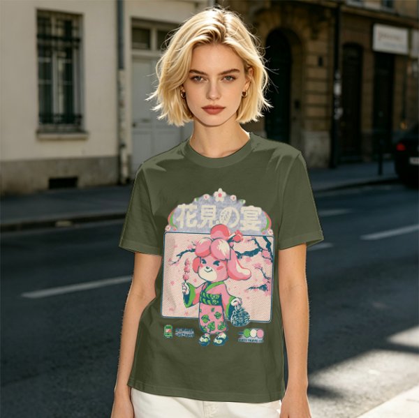 Olive green t-shirt with cherry blossom festival dog character print