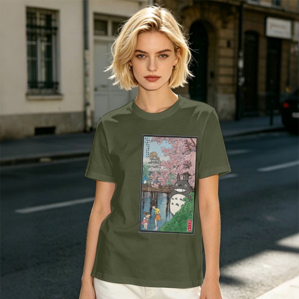 Olive T-shirt with Totoro cherry blossom Japanese woodblock print