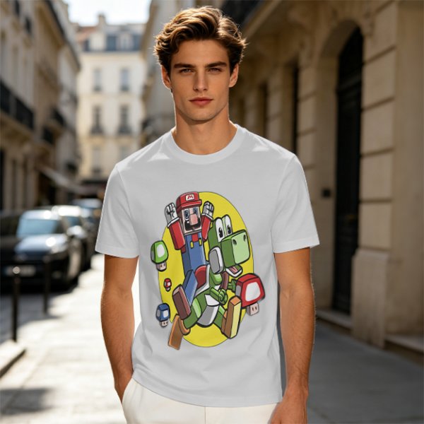Olive T-shirt with Block Style Mario Riding Yoshi and Mushroom Graphics