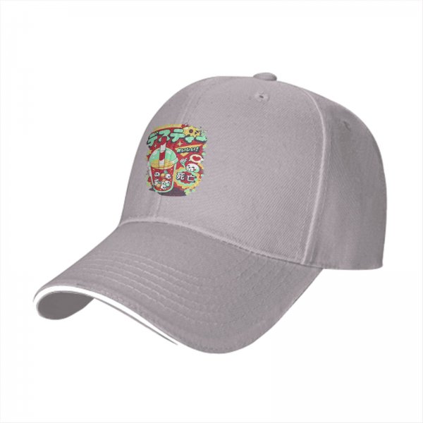 Black baseball cap with spooky drink graphic and Japanese text