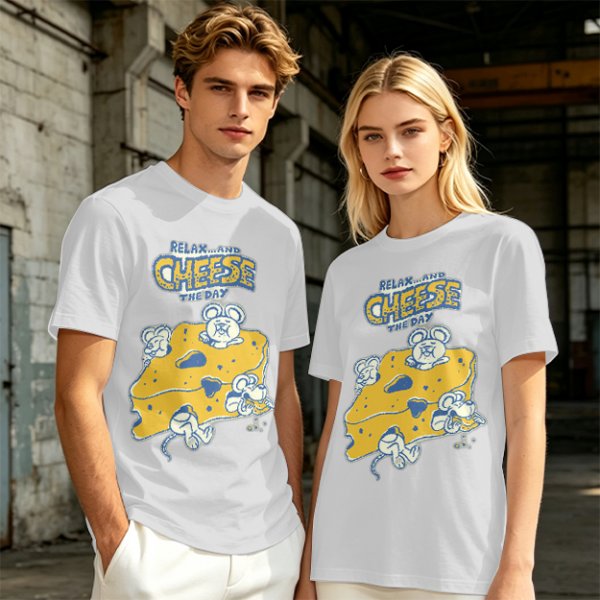 Olive graphic t-shirt with 'Relax and Cheese the Day' and mice on cheese
