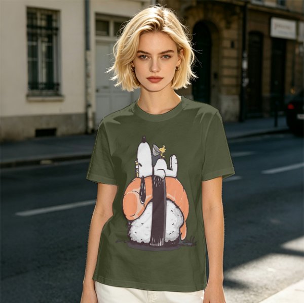 Olive t-shirt with Snoopy and Woodstock sushi print