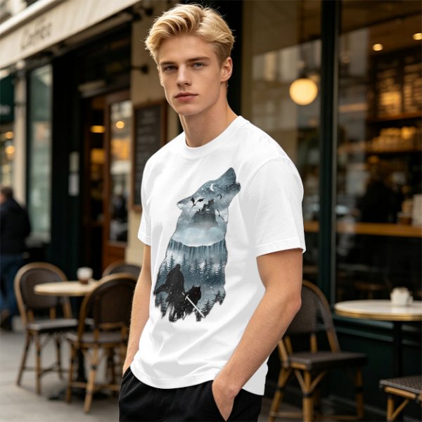 Olive T-Shirt With Howling Wolf Silhouette Winter Fantasy Art Print