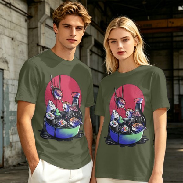 Olive T-Shirt With Anxious Sushi Characters In Soy Sauce Bowl Print