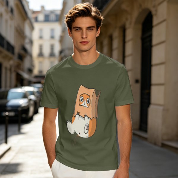 Olive T-Shirt With Cute Hamster In Paper Bag Print