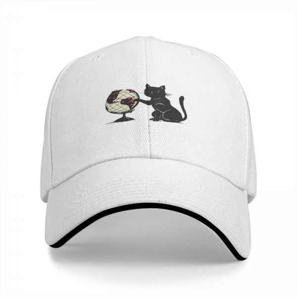 Black Baseball Cap With Cat Reaching For Globe Print