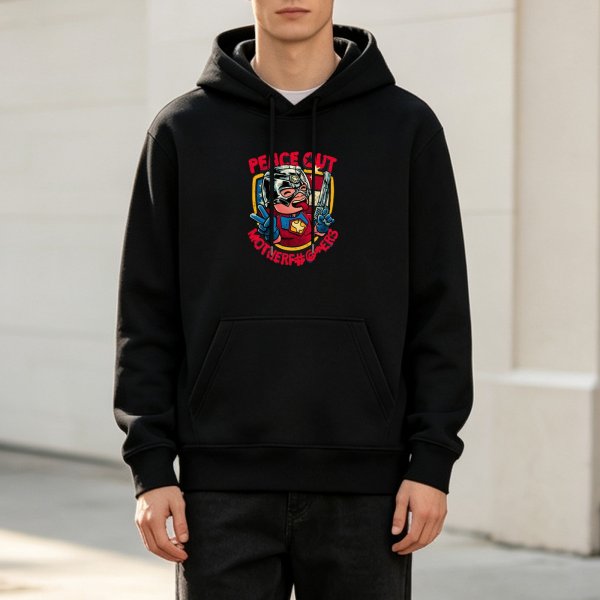 Black hoodie with Peacemaker 'Peace Out Motherfuckers' graphic print