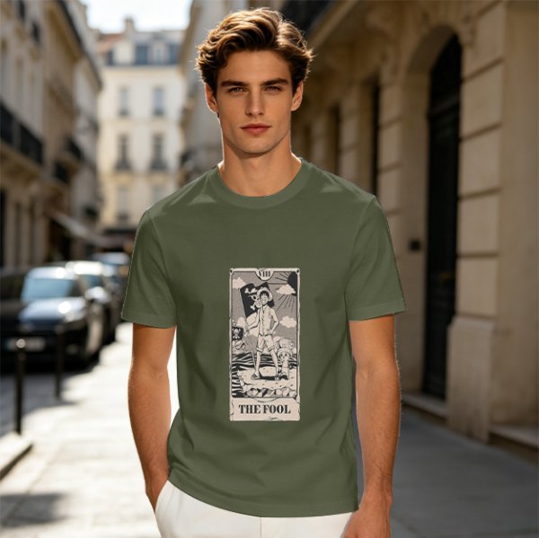 Olive T-Shirt with The Fool Tarot Card Anime Print