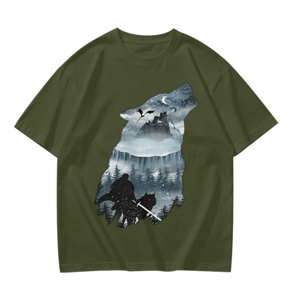 Olive T-Shirt With Howling Wolf Silhouette Winter Fantasy Art Print