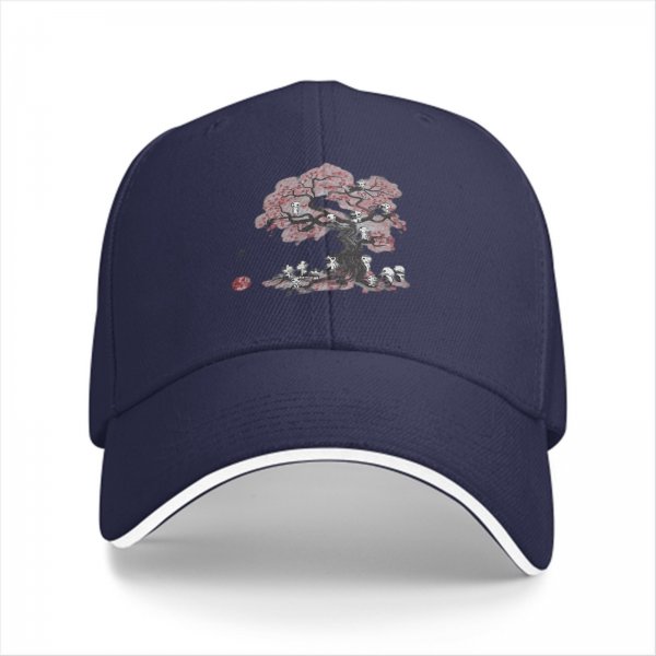 Black baseball cap with cherry blossom tree and skulls graphic