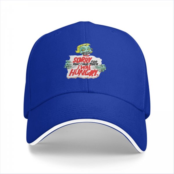 Black baseball cap with zombie 'Sorry for what I said when I was hungry' print