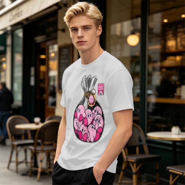 Olive T-Shirt With Cute Kirby Candy Bag Graphic