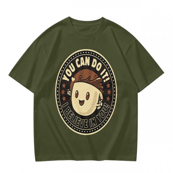 Olive green t-shirt with encouraging coffee character graphic and motivational text