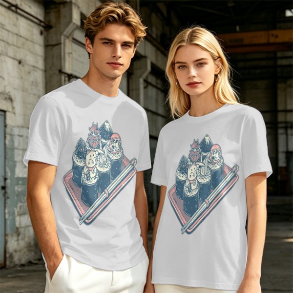 Olive T-Shirt With Sushi Themed Character Art Print