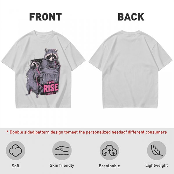 Olive graphic t-shirt with raccoons and 'I Will Rise Eventually' text