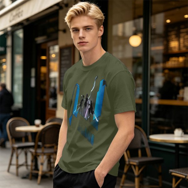 Olive Graphic T-Shirt With Futuristic Silhouette Figures Print