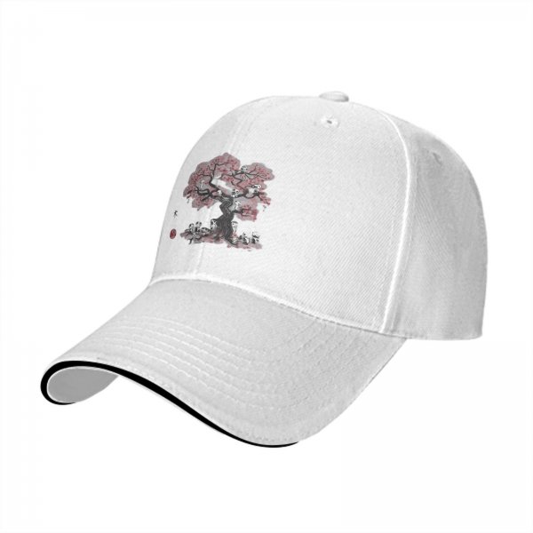 Black baseball cap with cherry blossom tree and skulls graphic
