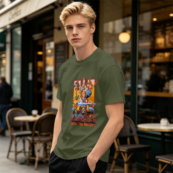 Olive green t-shirt with Masters of the Universe graphic print