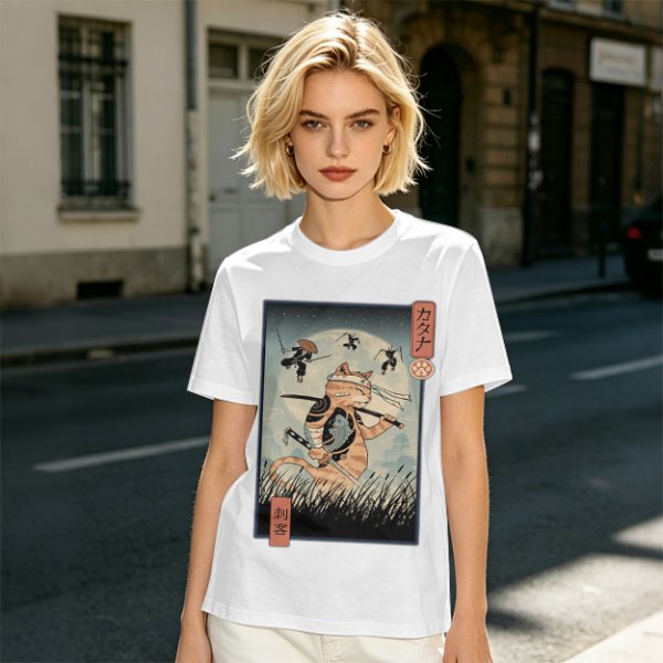 Samurai Cat Fighting Ninjas Ukiyo-e Style Graphic T-Shirt