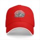 Black baseball cap with highly motivated raccoon graphic and retro rainbow