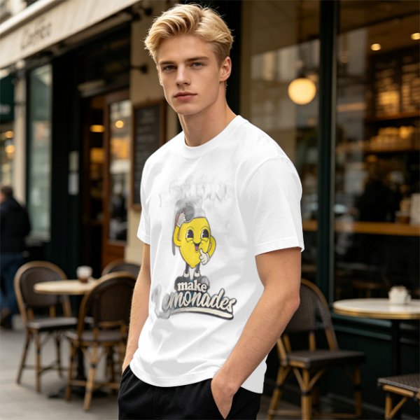 Olive green t-shirt with cheerful lemon mascot graphic and make lemonades text