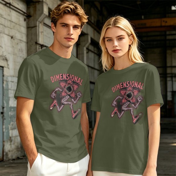 Olive green t-shirt with dimensional demogorgon graphic print